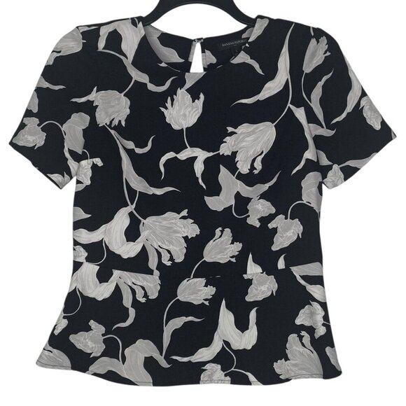 Banana Republic Womens Blouse Size Small Peplum Floral Short Sleeves White Black - Picture 1 of 6
